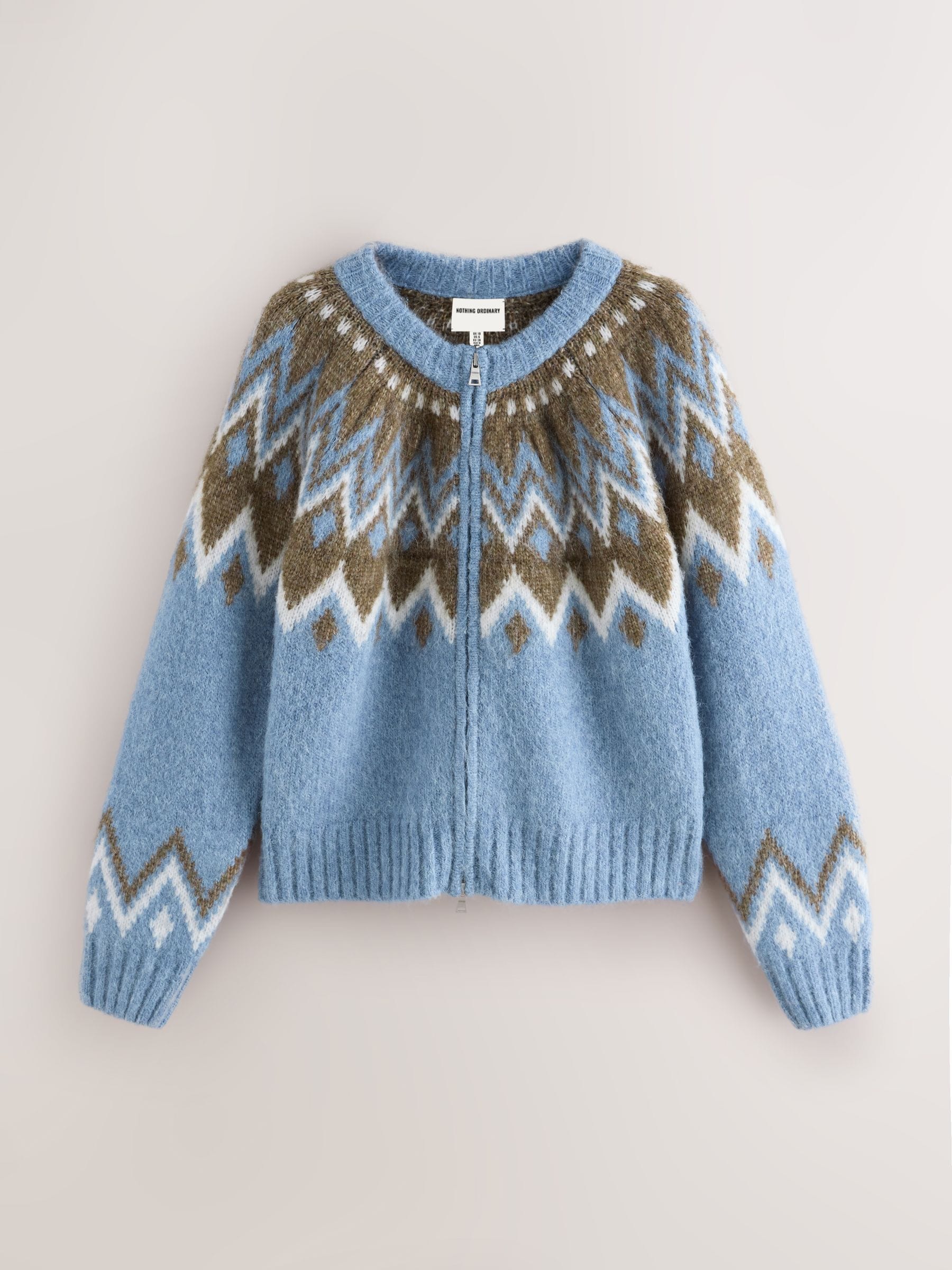 Buy Nothing Ordinary Blue Check Fairisle Pattern Knit Zip Through