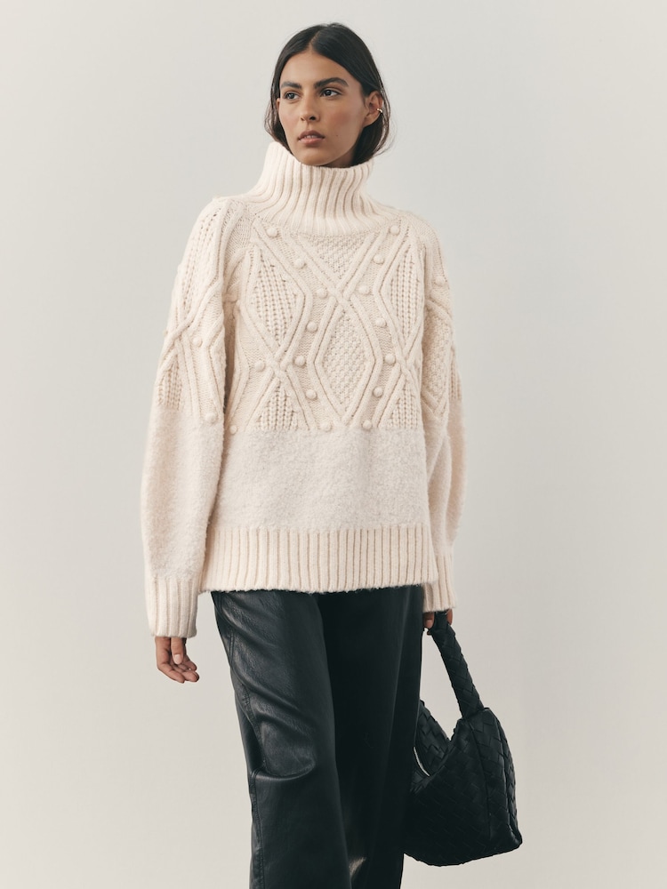 Nothing Ordinary Cream Funnel Neck Cable Block Knitted Jumper - Image 1 of 7 Nothing Ordinary Cream Funnel Neck Cable Block Knitted Jumper - Image 1 of 7