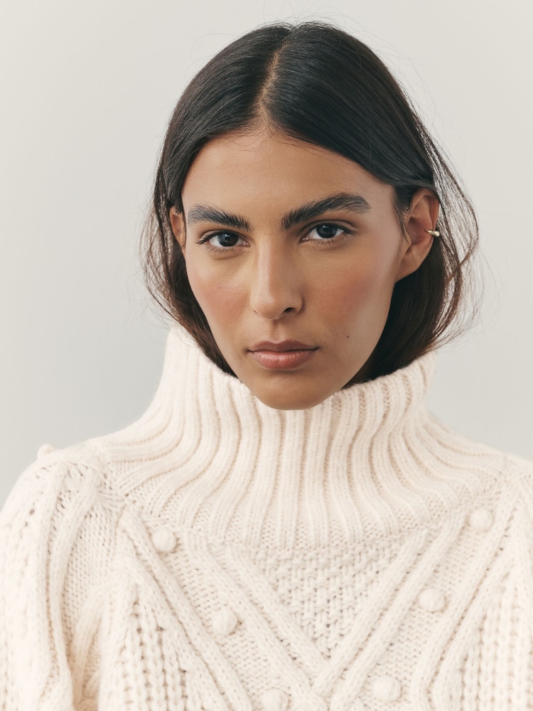 Nothing Ordinary Cream Funnel Neck Cable Block Knitted Jumper - Image 2 of 7 Nothing Ordinary Cream Funnel Neck Cable Block Knitted Jumper - Image 2 of 7