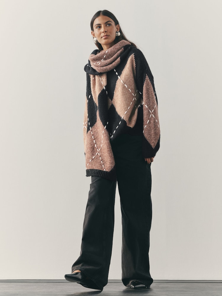 Nothing Ordinary Camel/Black Knitted Argyle Scarf Jumper - Image 1 of 12
