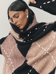 Nothing Ordinary Camel/Black Knitted Argyle Scarf Jumper - Image 5 of 12