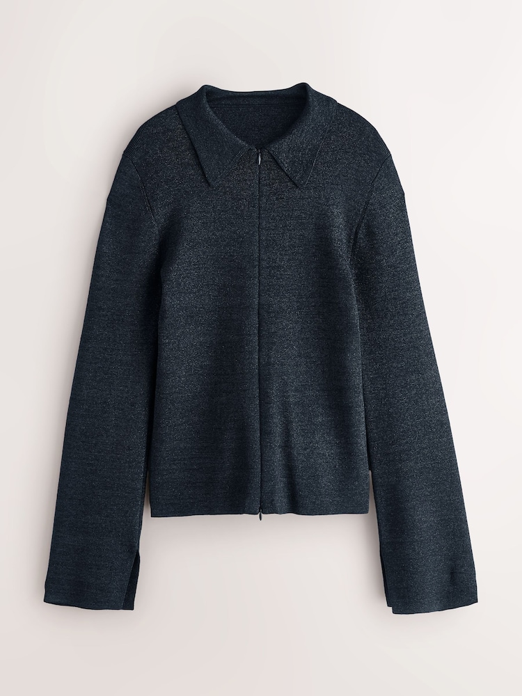 Nothing Ordinary Navy Fitted Flare Sleeve Zip Through Compact Knit Cardigan - Image 1 of 3 Nothing Ordinary Navy Fitted Flare Sleeve Zip Through Compact Knit Cardigan - Image 1 of 3