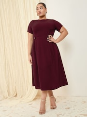 Friends Like These Berry Red Curve Tab Detail Short Sleeve Midi Tailored Dress - Image 1 of 4