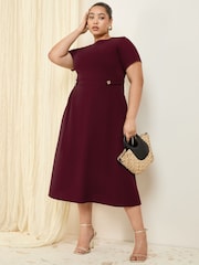 Friends Like These Berry Red Curve Tab Detail Short Sleeve Midi Tailored Dress - Image 3 of 4