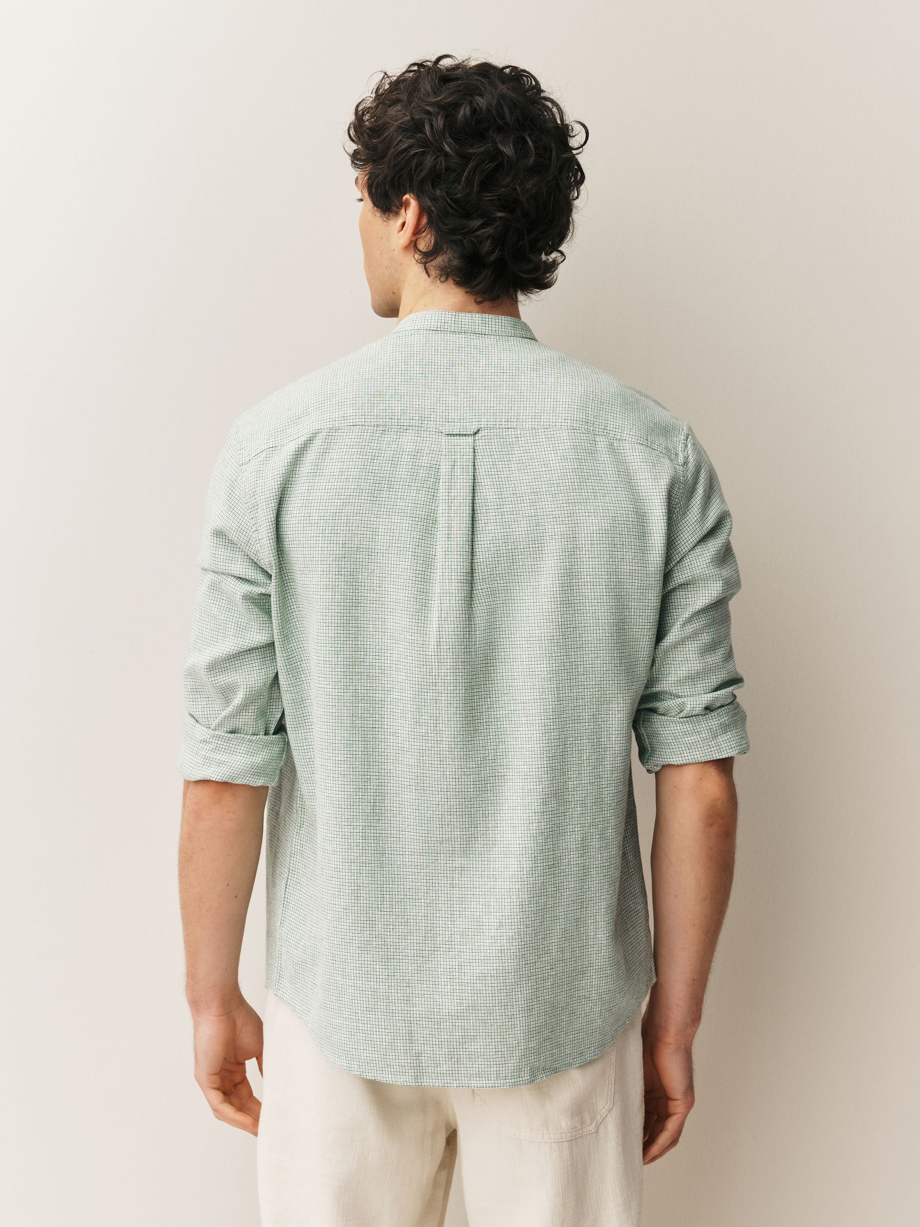 Buy Green Grandad Collar Cotton Linen Blend Long Sleeve Shirt from