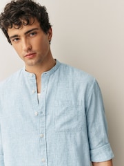 Light Blue Grandad Collar Cotton Linen Blend Long Sleeve Shirt - Image 1 of 8