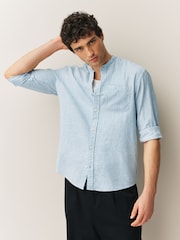 Light Blue Grandad Collar Cotton Linen Blend Long Sleeve Shirt - Image 2 of 8