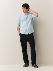 Light Blue Grandad Collar Cotton Linen Blend Long Sleeve Shirt - Image 3 of 8