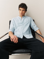 Light Blue Grandad Collar Cotton Linen Blend Long Sleeve Shirt - Image 4 of 8