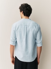 Light Blue Grandad Collar Cotton Linen Blend Long Sleeve Shirt - Image 5 of 8