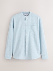Light Blue Grandad Collar Cotton Linen Blend Long Sleeve Shirt - Image 6 of 8