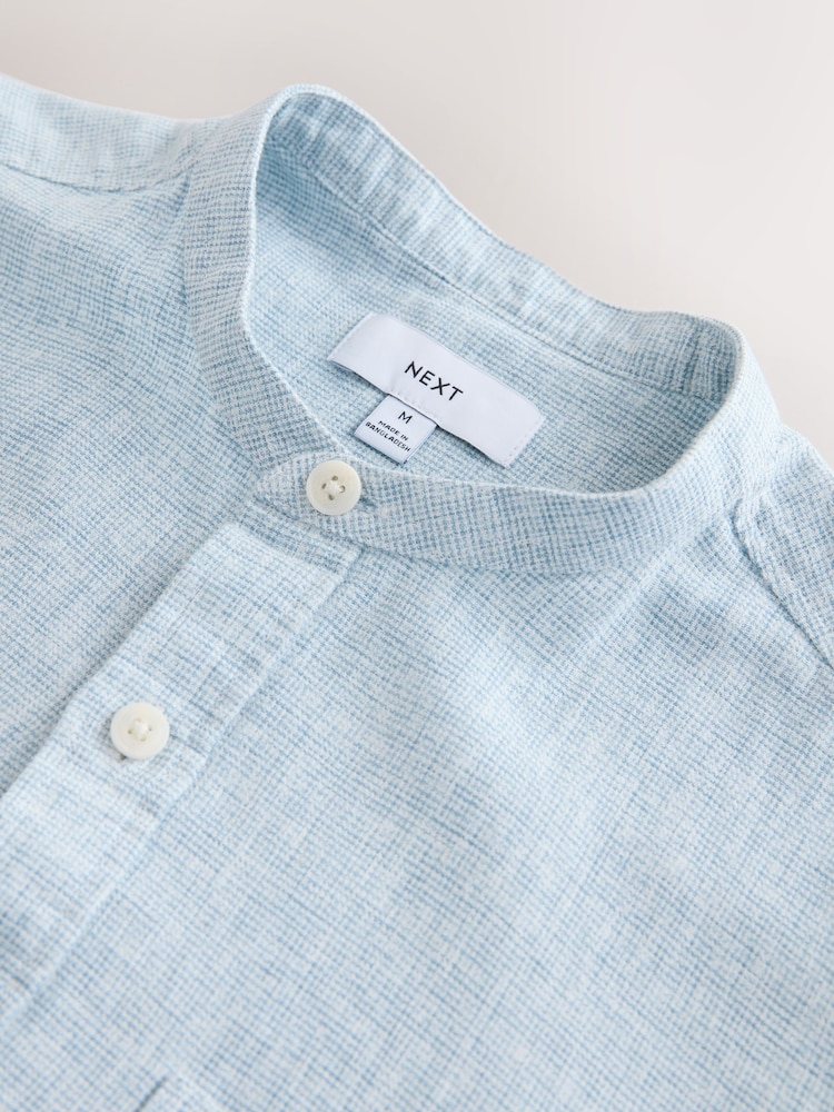 Light Blue Grandad Collar Cotton Linen Blend Long Sleeve Shirt - Image 8 of 8 Light Blue Grandad Collar Cotton Linen Blend Long Sleeve Shirt - Image 8 of 8