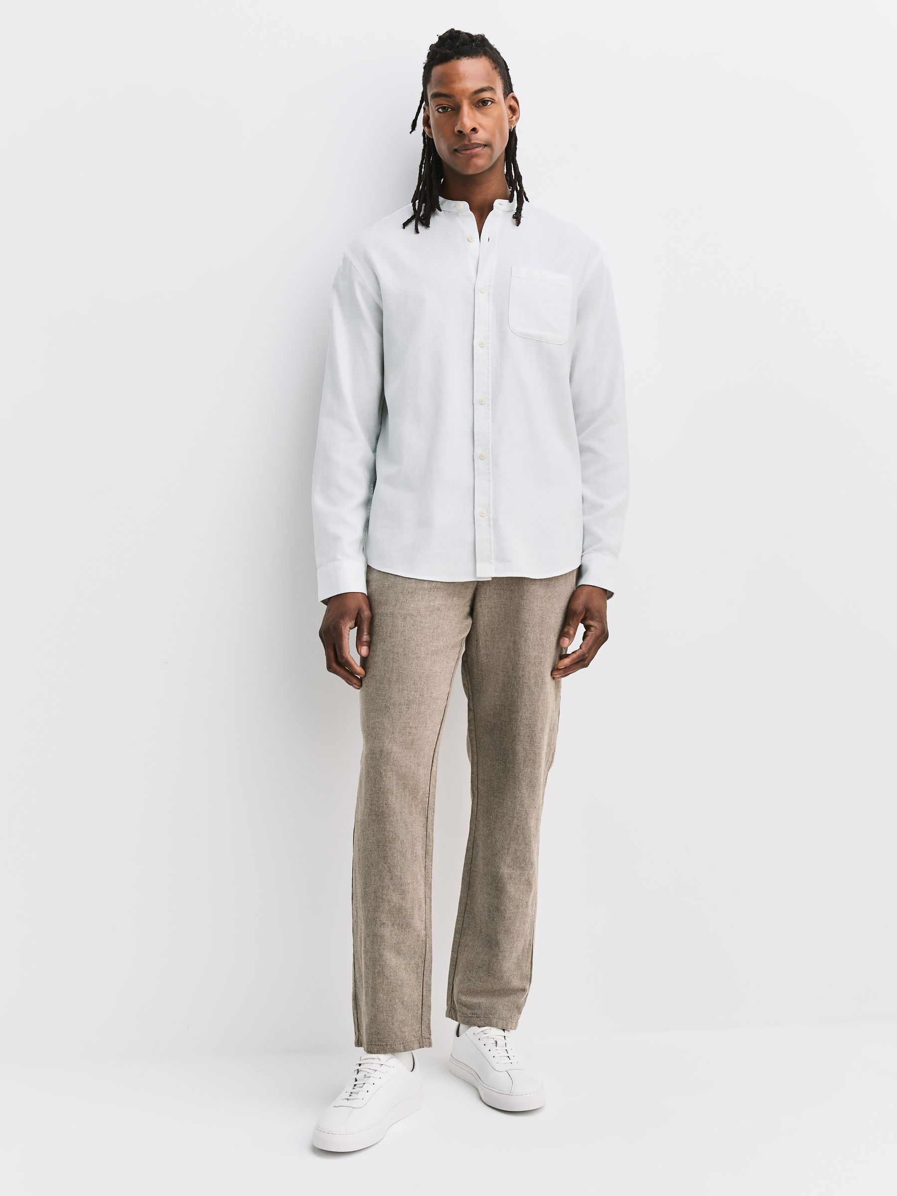 Buy White Grandad Collar Cotton Linen Blend Long Sleeve Shirt from