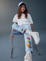 ខៀវស្រាល - Floral Embroidered Jeans (3-16yrs) - រូបភាព 4 នៃ 5