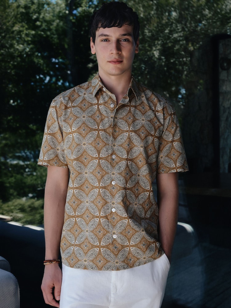 Gul - Kortermet Tile Print skjorte - Bilde 1 av 8