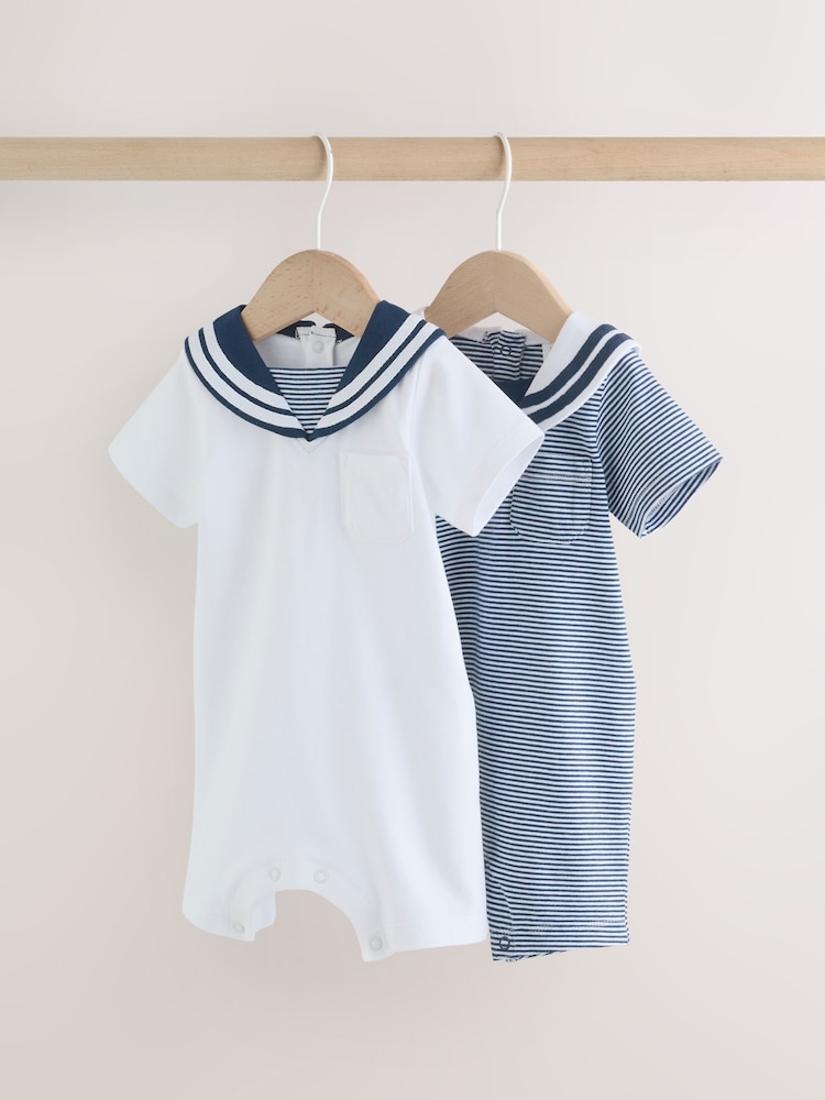 Blue Stripe Sailor Collar Jersey Baby Romper 2 Pack - Image 1 of 12 Blue Stripe Sailor Collar Jersey Baby Romper 2 Pack - Image 1 of 12
