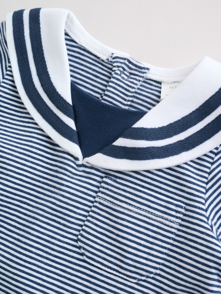 Blue Stripe Sailor Collar Jersey Baby Romper 2 Pack - Image 12 of 12 Blue Stripe Sailor Collar Jersey Baby Romper 2 Pack - Image 12 of 12