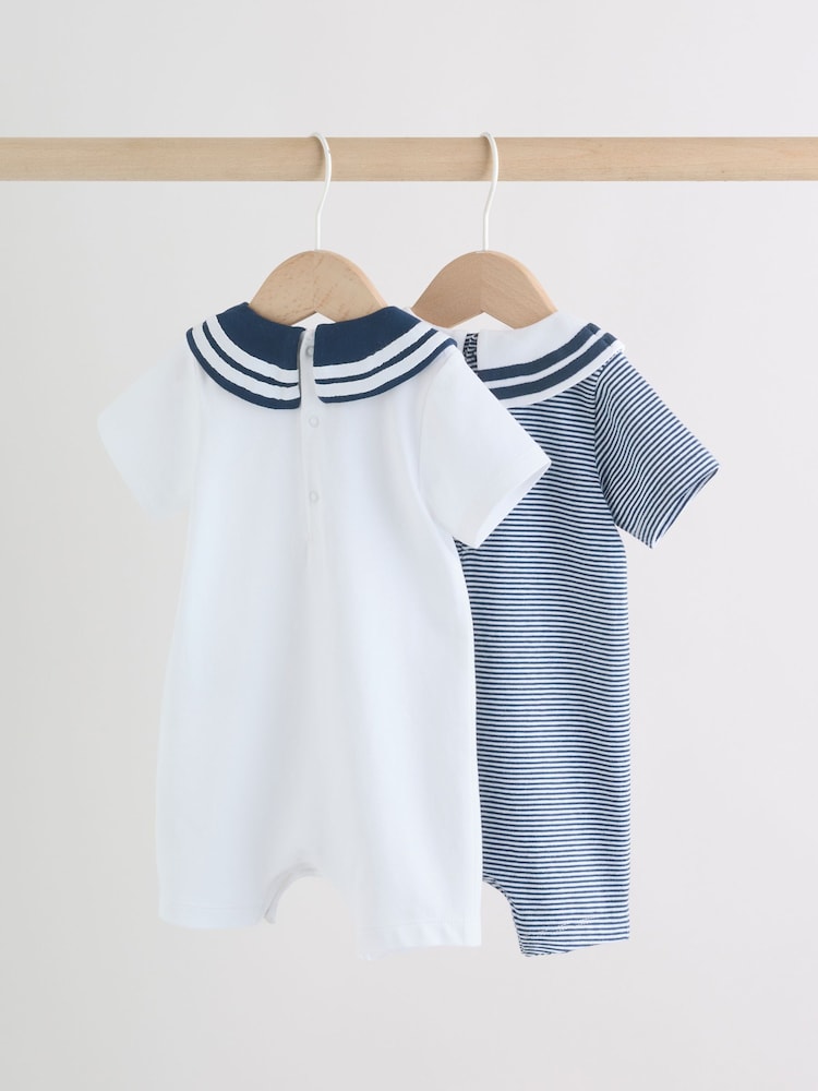 Blue Stripe Sailor Collar Jersey Baby Romper 2 Pack - Image 2 of 12 Blue Stripe Sailor Collar Jersey Baby Romper 2 Pack - Image 2 of 12