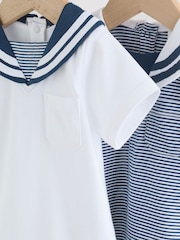 Blue Stripe Sailor Collar Jersey Baby Romper 2 Pack - Image 8 of 12