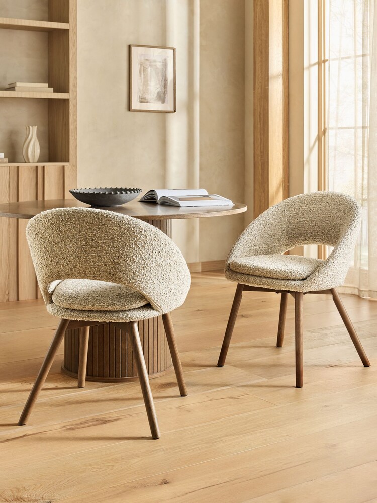 Set of 2 Tweedy Boucle Mink Natural Hewitt Upholstered Dark Wood Leg Dining Chairs - Image 1 of 7 Set of 2 Tweedy Boucle Mink Natural Hewitt Upholstered Dark Wood Leg Dining Chairs - Image 1 of 7