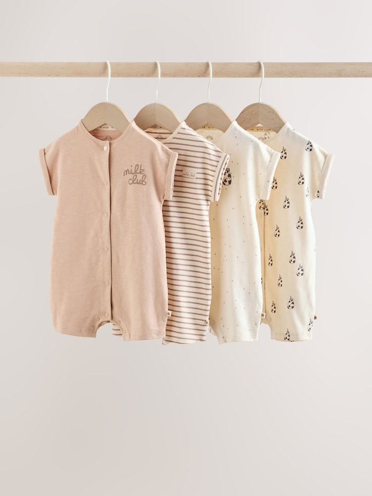 Neutral "Milk Club" Embroidered Baby Jersey Rompers 4 Pack - Image 1 of 13