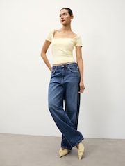 Lemon Yellow Soft Touch Square Neck Short Sleeve Top - Image 2 of 7