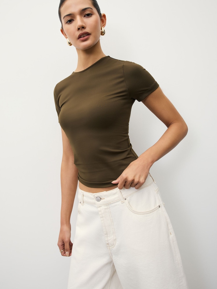 Khaki Green Slim Fit Short Sleeve Soft Touch Polyamide T-Shirt - Image 1 of 4