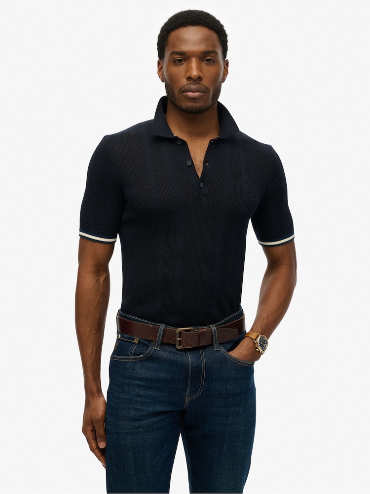Superdry Black 100% Cotton Knitted Texture Short Sleeve Polo Shirt - Image 1 of 1
