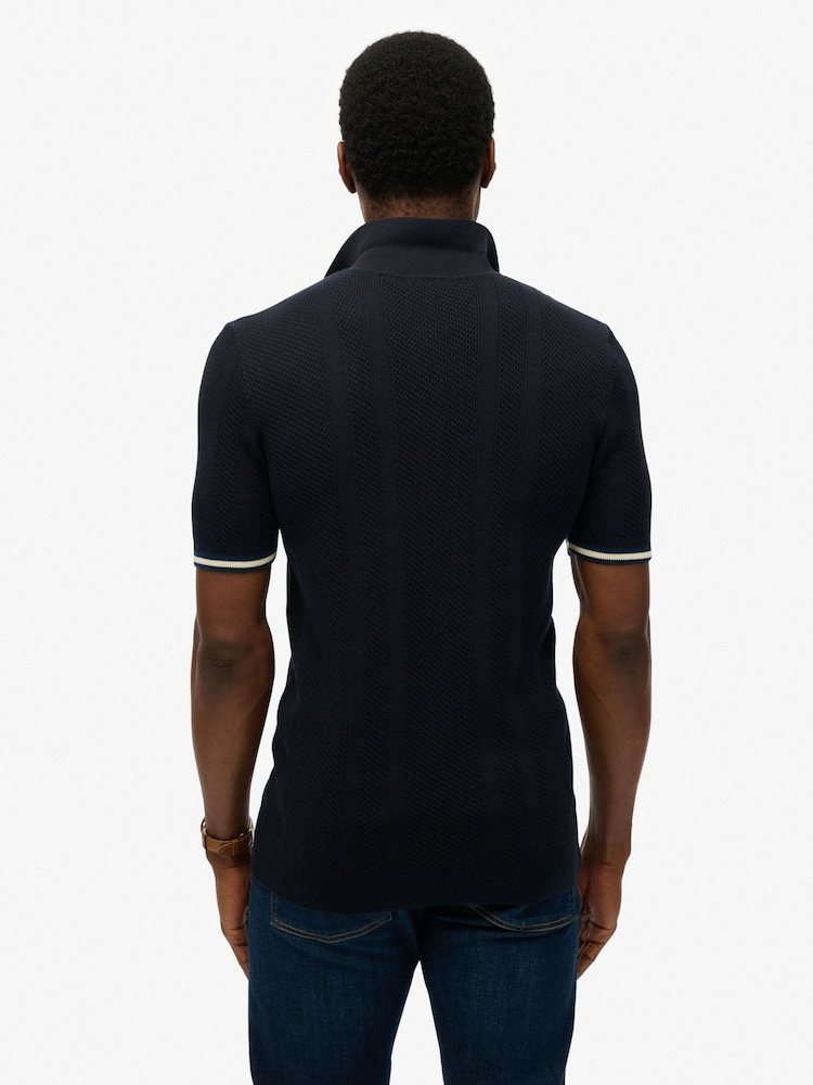 Superdry Black 100% Cotton Knitted Texture Short Sleeve Polo Shirt - Image 2 of 5 Superdry Black 100% Cotton Knitted Texture Short Sleeve Polo Shirt - Image 2 of 5