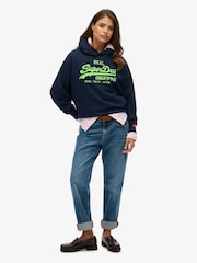 Superdry Blue Relaxed 100% Cotton Vintage Logo Neon Hoodie - Image 1 of 5