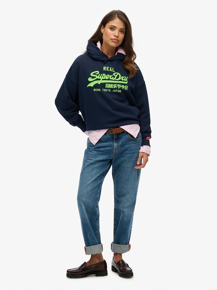 Superdry Blue Relaxed 100% Cotton Vintage Logo Neon Hoodie - Image 1 of 5