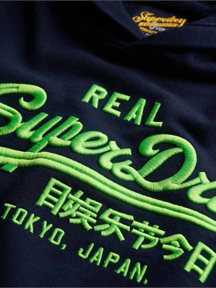 Superdry Blue Relaxed 100% Cotton Vintage Logo Neon Hoodie - Image 5 of 5