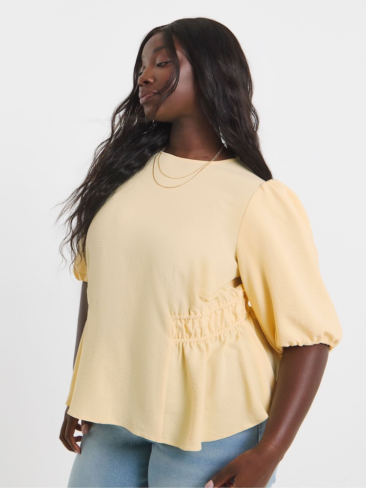 Simply Be Yellow Puff Sleeve Peplum Blouse - Image 1 of 4