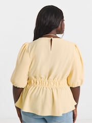 Simply Be Yellow Puff Sleeve Peplum Blouse - Image 2 of 4