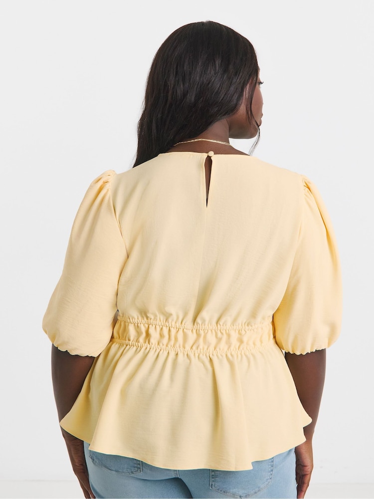 Simply Be Yellow Puff Sleeve Peplum Blouse - Image 2 of 4