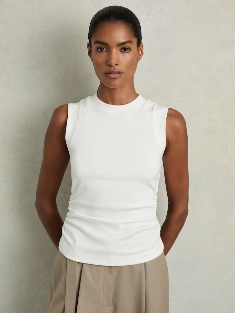 Reiss White Trudy Fine Rib Ruched Vest Top - Image 1 of 6