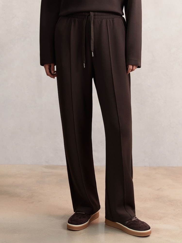 Reiss Dark Chocolate Brown Jemma Petite Modal-Blend Interlock Wide-Leg Joggers - Image 1 of 6