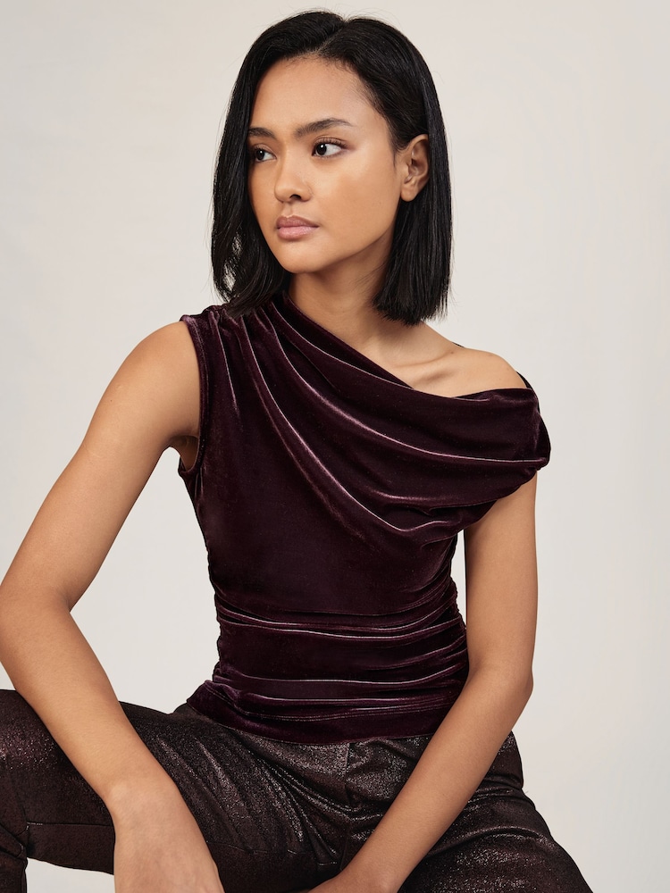Reiss Plum Purple Demi Velvet Off-Shoulder Top - Image 1 of 6 Reiss Plum Purple Demi Velvet Off-Shoulder Top - Image 1 of 6