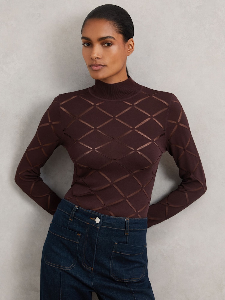 Reiss Burgundy Seren Laser-Cut Funnel-Neck Knit Top - Image 1 of 7
