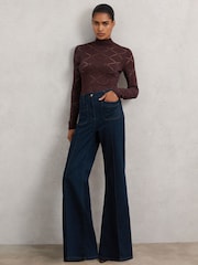 Reiss Burgundy Seren Laser-Cut Funnel-Neck Knit Top - Image 4 of 7