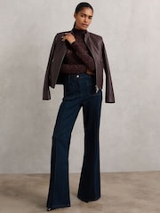 Reiss Burgundy Seren Laser-Cut Funnel-Neck Knit Top - Image 5 of 7
