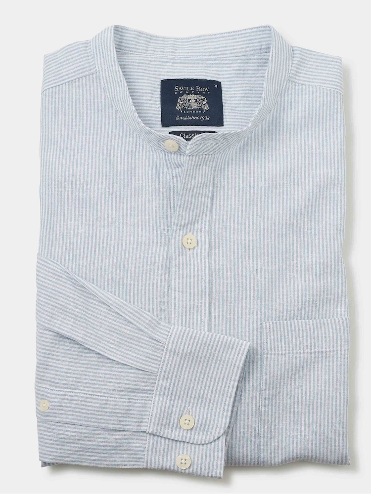 Camisas casuais Savile Row Company ajuste clássico, azul, Stripe Linen , gola alta - Imagem 2 de 3