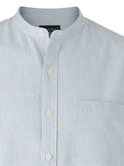 Savile Row Company Blue Classic Fit Stripe Linen Grandad Collar Casual Shirt - Image 5 of 5
