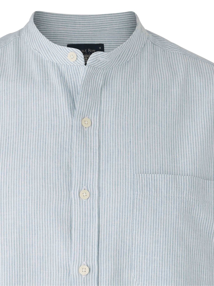 Savile Row Company Blue Classic Fit Stripe Linen Grandad Collar Casual Shirt - Image 5 of 5