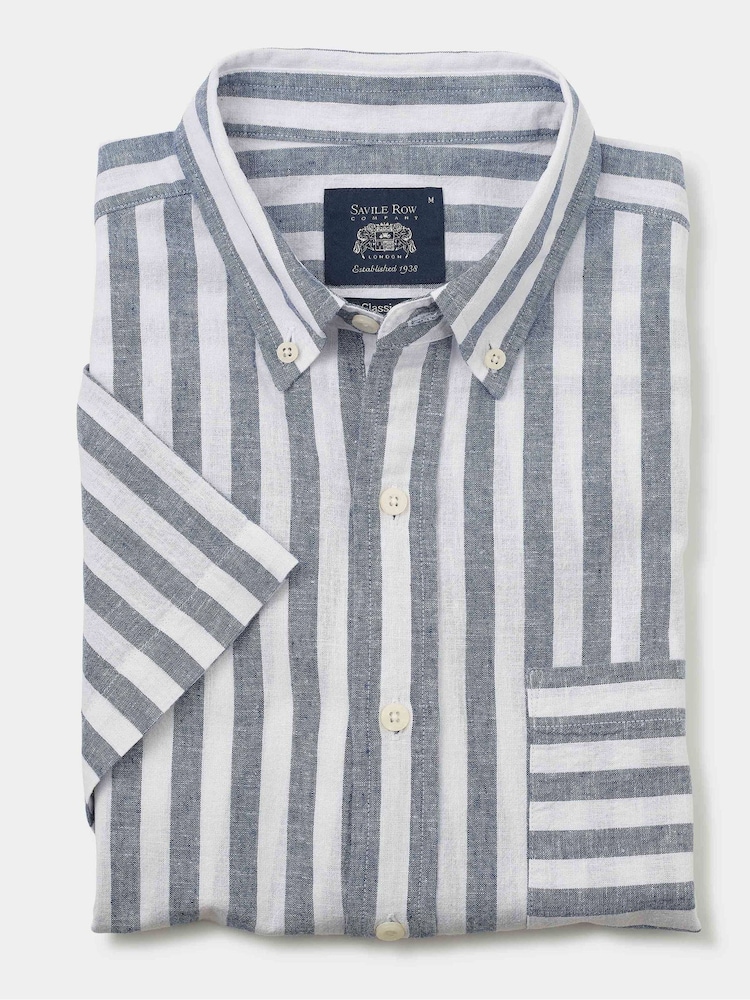 Savile Row Company Stripe Linen Camisas de manga curta com ajuste clássico - Imagem 2 de 3