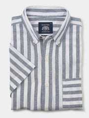 Savile Row Company Blue Stripe Linen Cotton Classic Fit Short Sleeve Shirt - Image 4 of 5