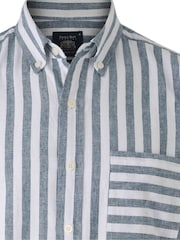 Savile Row Company Blue Stripe Linen Cotton Classic Fit Short Sleeve Shirt - Image 5 of 5