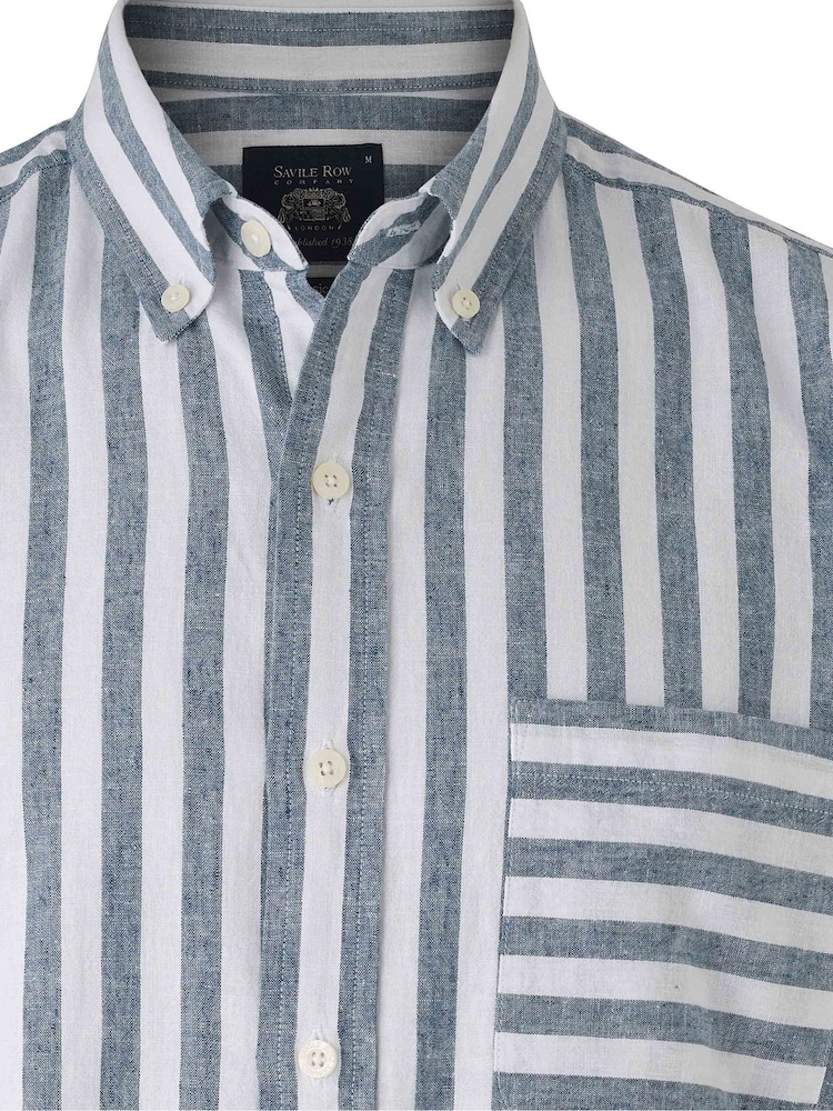 Savile Row Company Blue Stripe Linen Cotton Classic Fit Short Sleeve Shirt - Image 5 of 5 Savile Row Company Blue Stripe Linen Cotton Classic Fit Short Sleeve Shirt - Image 5 of 5