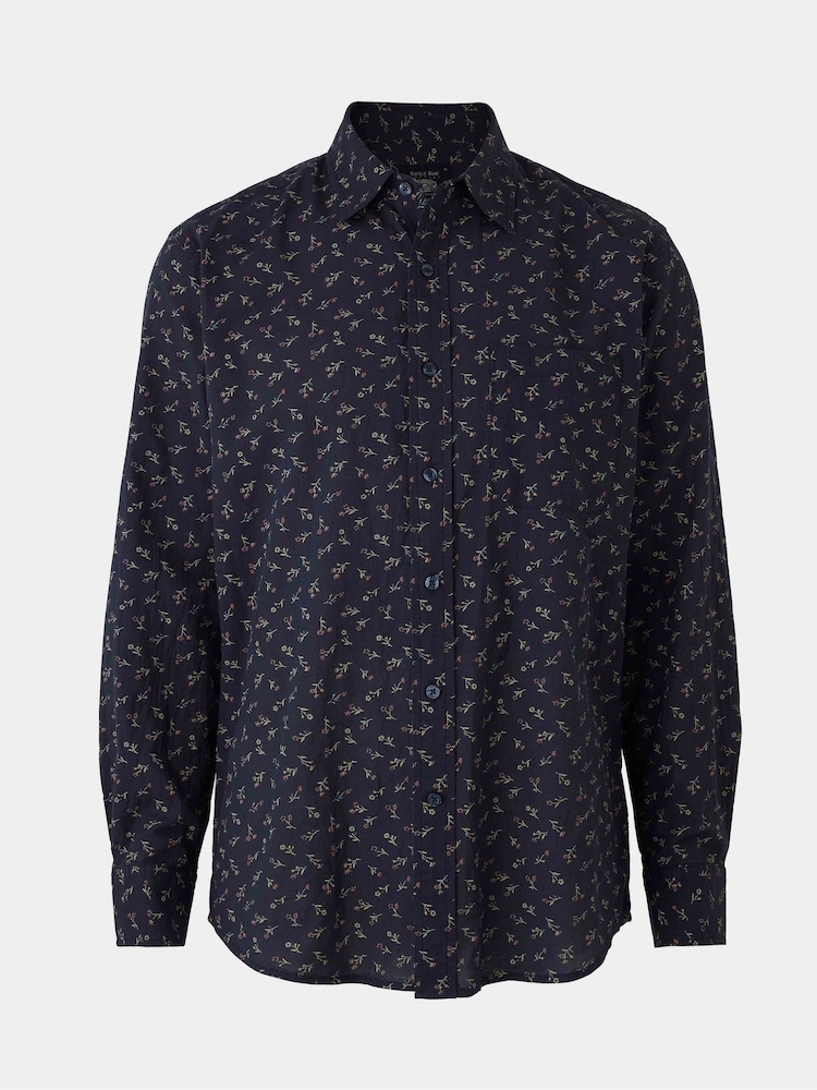 Savile Row Company Classic Fit Blue Stretch Cotton Floral Print Casual Shirt - Image 1 of 3