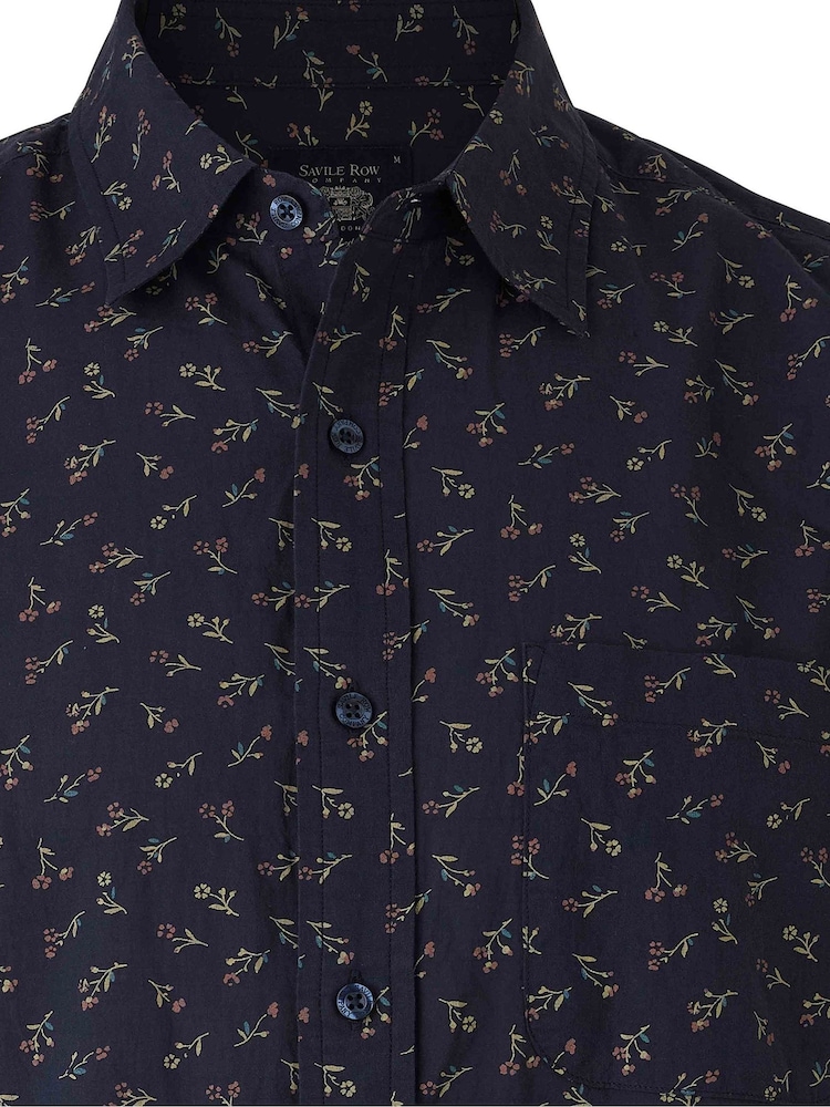 Savile Row Company Classic Fit Blue Stretch Cotton Floral Print Casual Shirt - Image 3 of 3